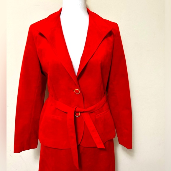 NEW VINTAGE Cherry Red Faux Suede Coat Straight Skirt Zipper 2 pc Jacket Suit 12 - Picture 10 of 14